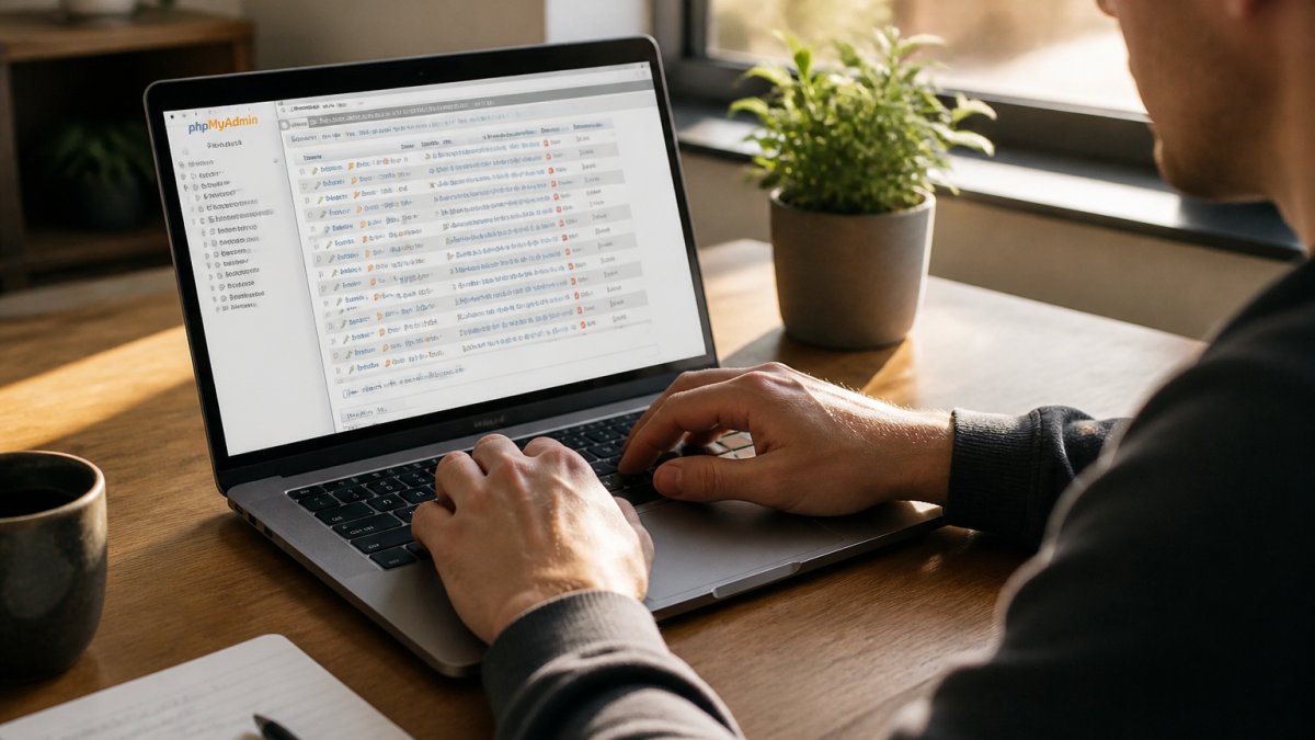 Iemand die op een laptop in phpMyAdmin een WordPress database beheert in een thuiskantoor.