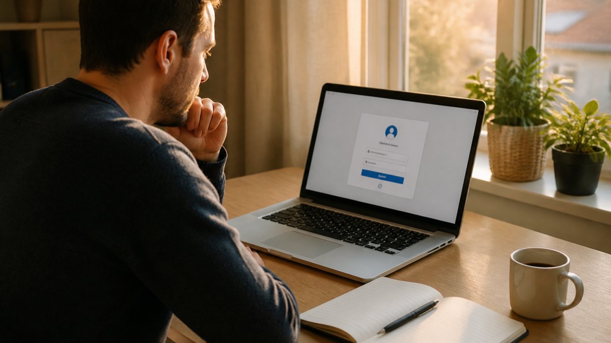Persoon achter een laptop controleert de webhosting activeren status in een licht thuiskantoor met koffie.