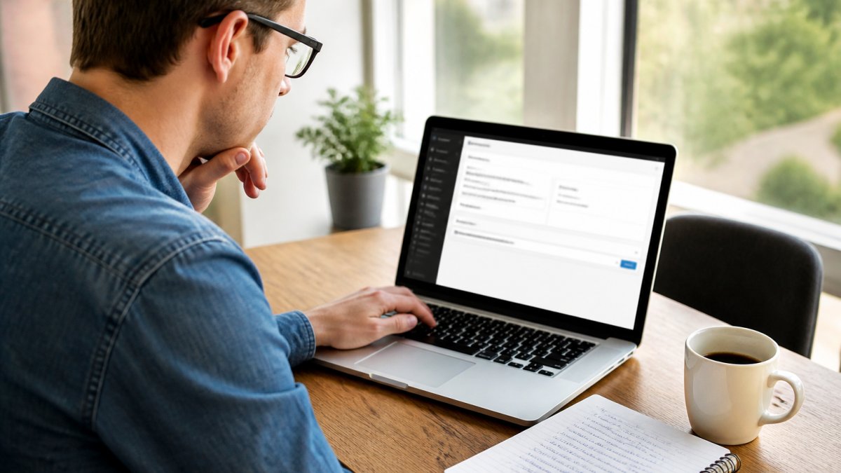 Hoe verhuis je een bestaande domeinnaam stap voor stap Persoon vraagt verhuiscode voor domeinnaam verhuizen aan op een laptop naast koffie en notitieblok