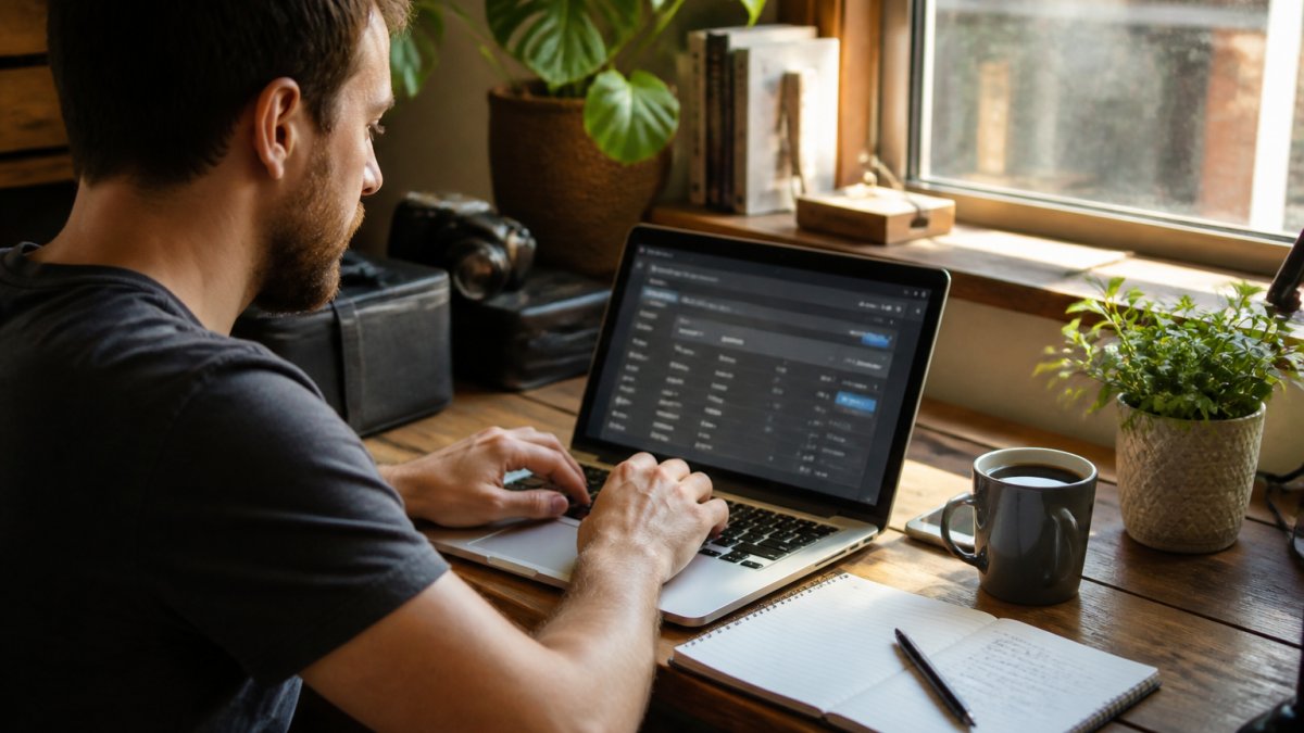 Persoon voert DNS-instellingen in op een laptop voor domeinnaam en webhosting met koffie en notitieblok bij de hand.