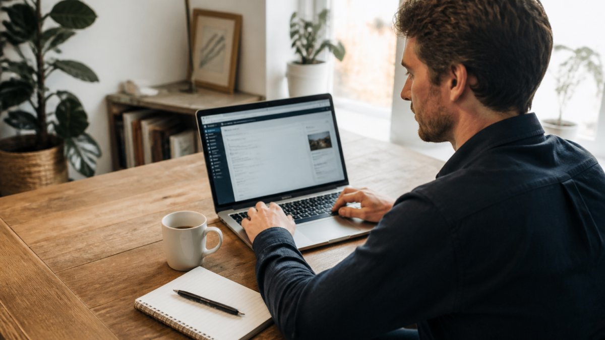 Zzp'er werkt op een laptop met WordPress aan een licht bureau als beste keuze voor een zakelijke website.
