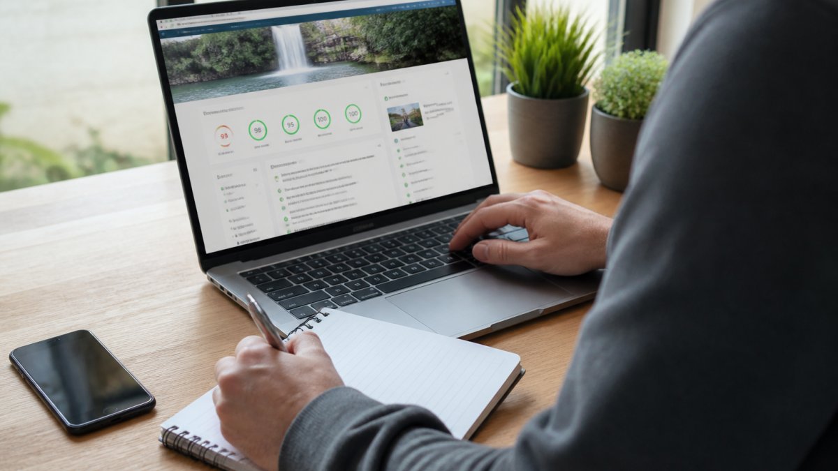 Iemand achter een laptop met een geopend snelheidstestrapport, notitieblok en telefoon ernaast op een houten bureau bij daglicht