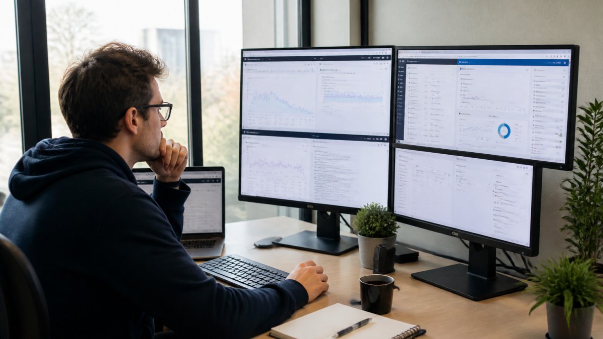 Kinsta vs SiteGround: snelheid vergelijken Webmaster bekijkt laadtijdgrafieken en serverstatistieken op een monitor met meerdere browservensters open in een modern kantoor