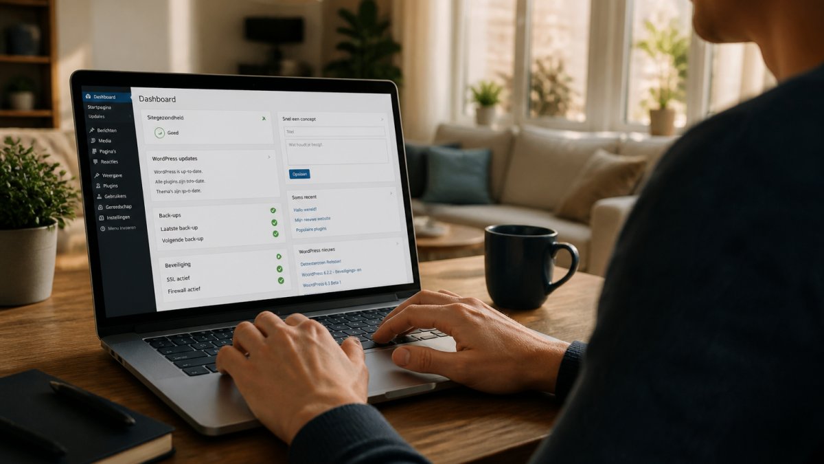 Website-eigenaar werkt ontspannen met managed WordPress hosting en ziet groene vinkjes voor updates en back-ups.