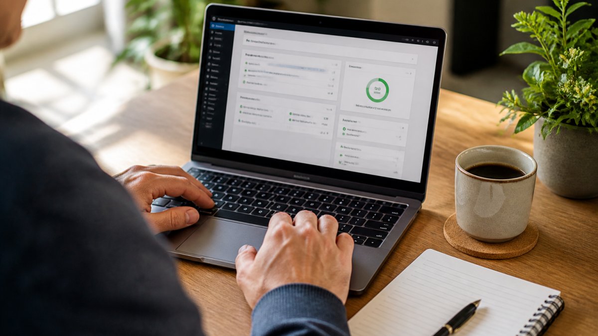 Voordelen van PHP 8 voor WordPress snelheid Close-up van iemand die op een laptop het WordPress-dashboard bekijkt, met een notitieblok en koffie ernaast op een lichte werkplek