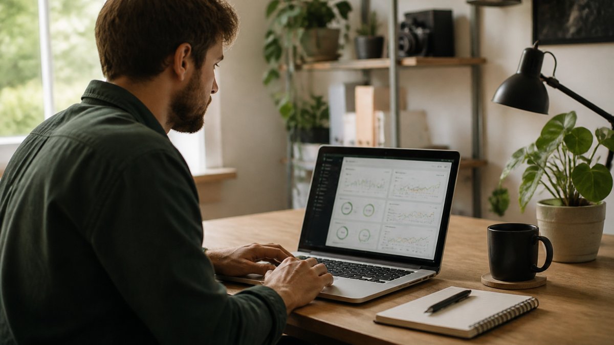 Beginnende website-eigenaar bekijkt VPS specificaties in een hostingdashboard op een laptop aan een werkplek.