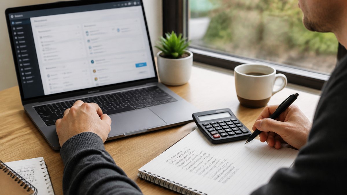 Website-eigenaar berekent de kosten voor wordpress onderhoud met een rekenmachine en notitieblok achter zijn laptop.