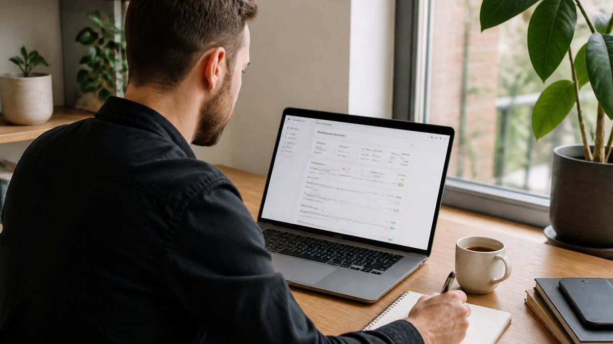 WordPress Core Web Vitals verbeteren: praktische gids Persoon achter een laptop met een website-prestatiedashboard op het scherm, notitieblok en koffie ernaast, rustige thuiswerkplek met zachte daglichtinval